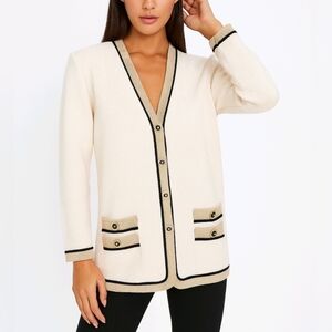 St. John Cardigan Jacket Cream Knit Gold Trim & Buttons Size 10